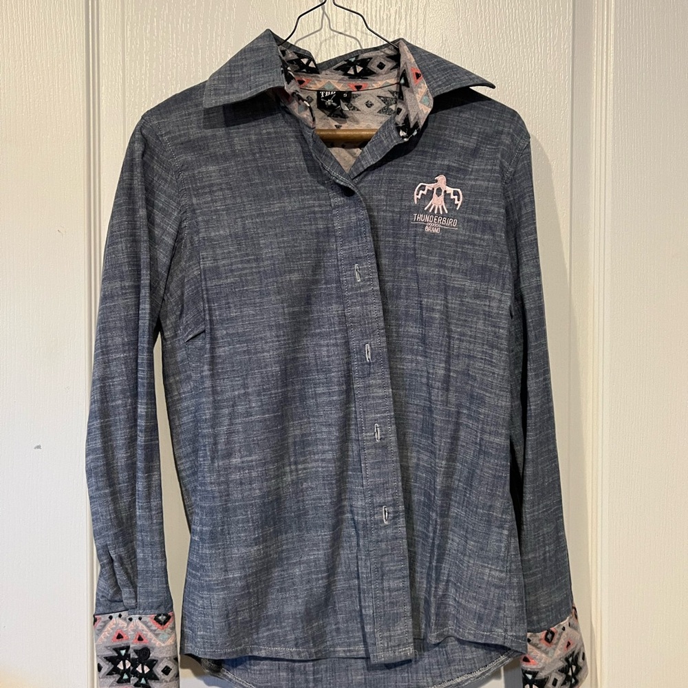 Thunderbird Gray Button-Up Shirt with Patterned Cuffs